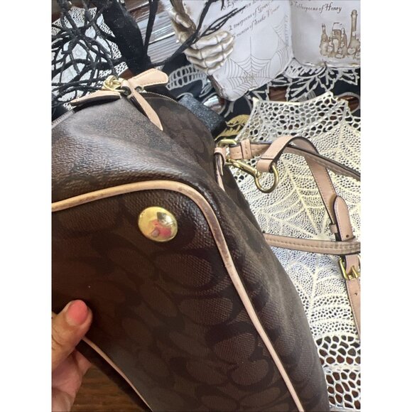 Coach Peyton Signature Cora Domed Satchel Handbag Tote Brown Tan F26184 - Picture 7 of 15